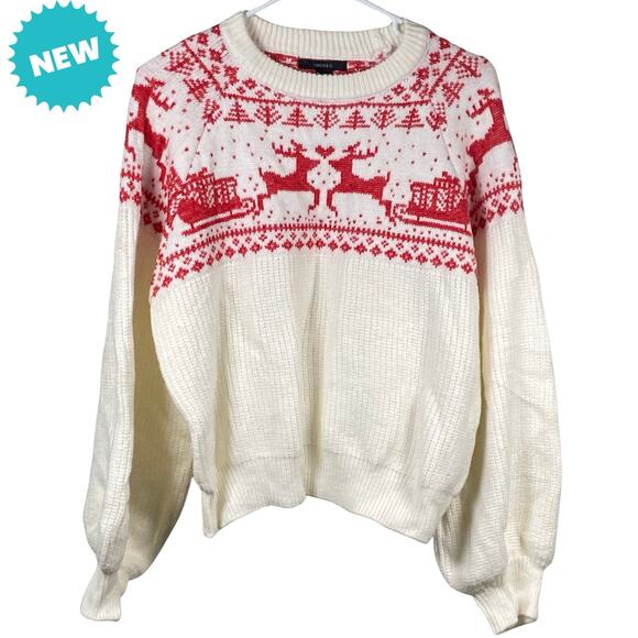 Forever 21 Sweater Women’s Medium Ugly Christmas Pullover Red White Reindeer NEW - Picture 1 of 6